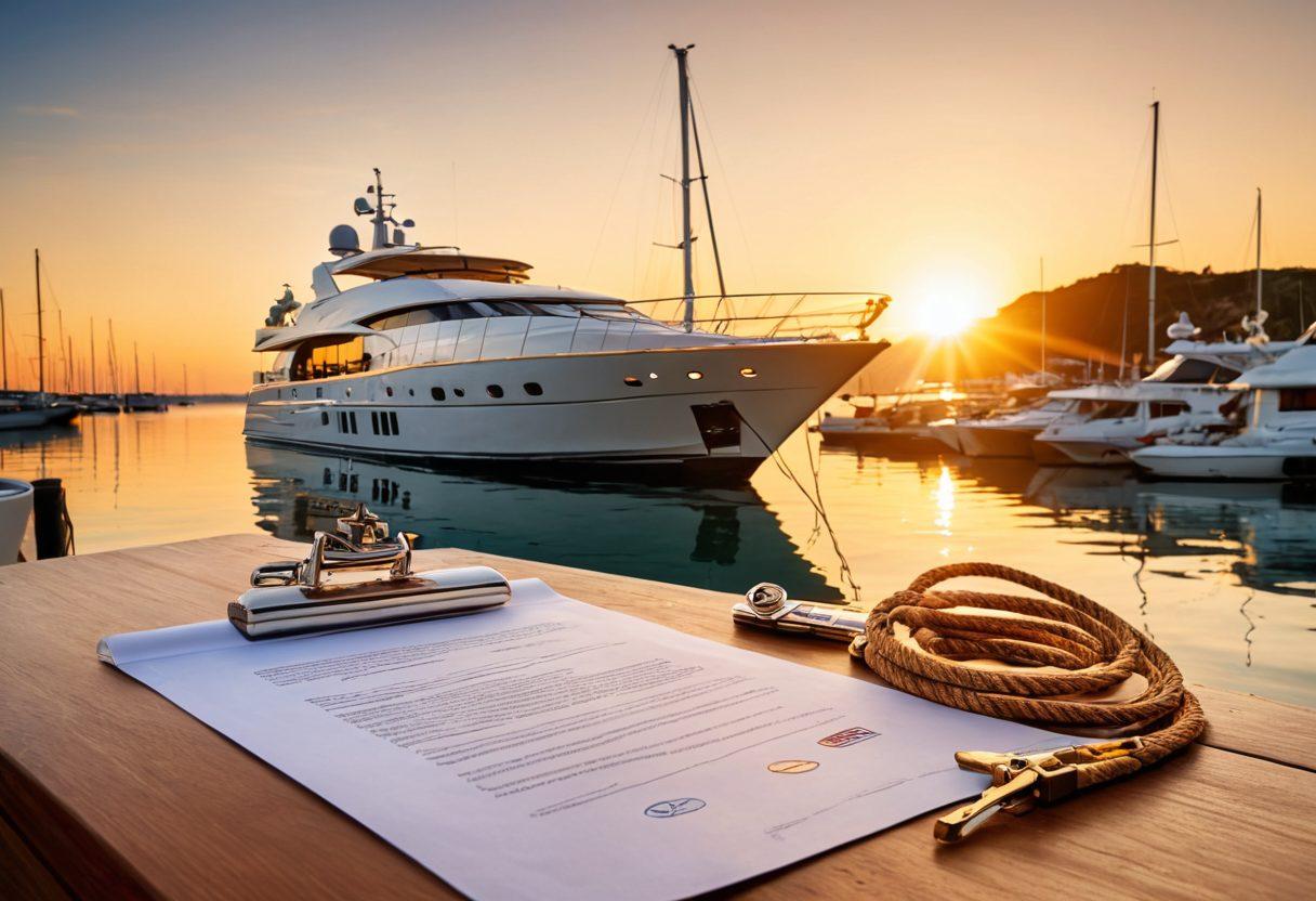 A luxurious yacht anchored in a serene harbor, with a picturesque sunset casting golden hues over the water. In the foreground, a confident yacht owner is reviewing a detailed liability contract, surrounded by nautical themes like ropes and compasses. Subtle symbols of protection and safety, such as life vests and a marine first-aid kit, blend into the scene. Emphasize elegance, tranquility, and the essence of savvy ownership. super-realistic. vibrant colors. 3D.