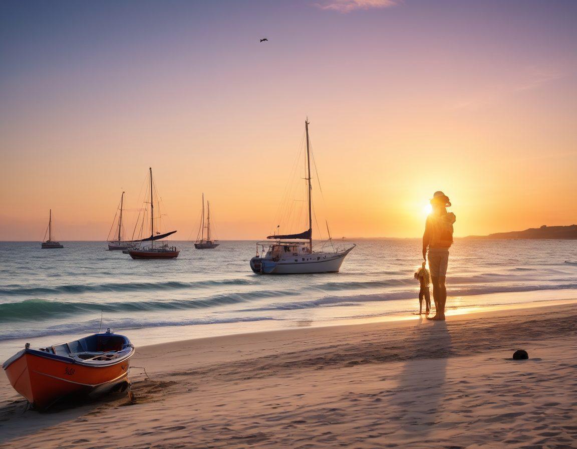 A serene ocean scene showcasing a diverse range of boats, including a sailboat, yacht, and fishing vessel, all basking under a vibrant sunset. In the foreground, a family enjoys a picnic on a sandy beach, surrounded by safety gear like life vests and flares, representing nautical safety. Elements like insurance documents and a compass subtly integrated into the background, conveying the concept of coverage options for adventurous sailors. pastel colors. super-realistic.