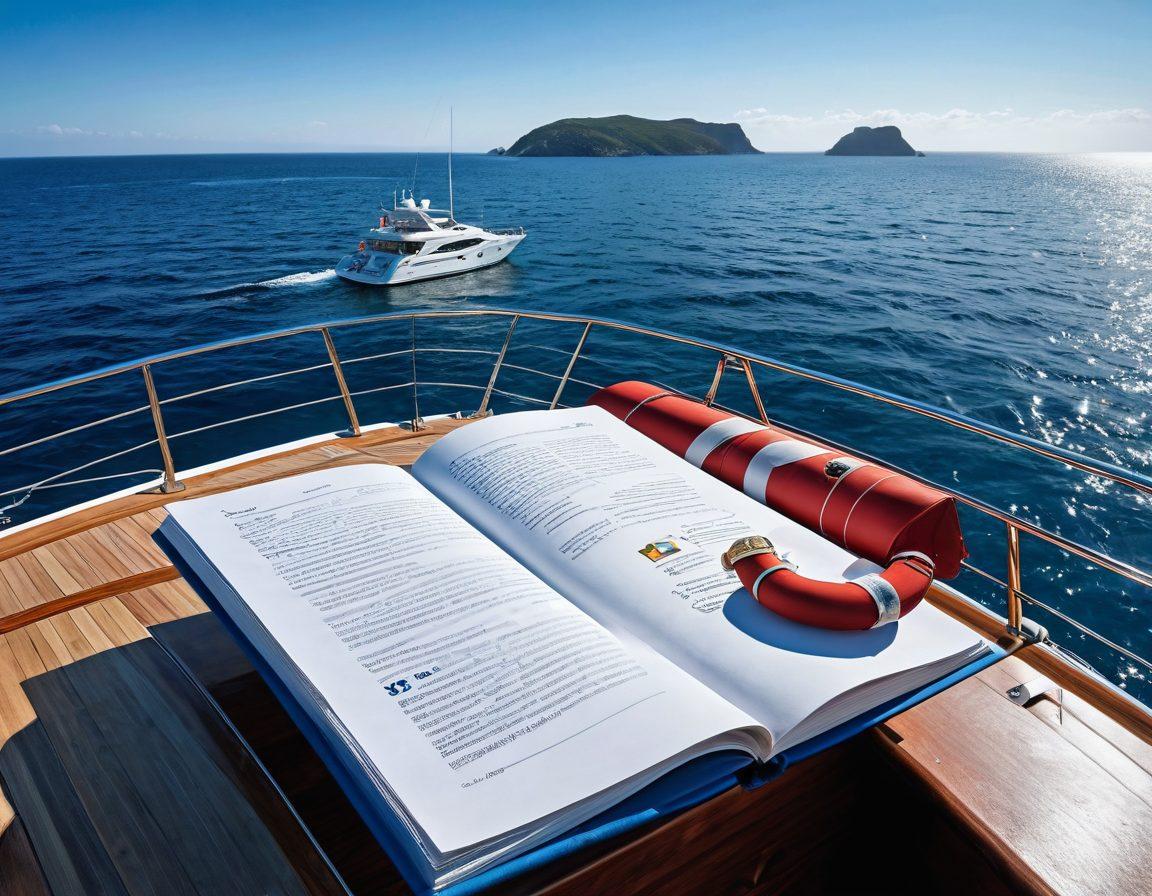 A serene yacht gliding through calm azure waters under a clear blue sky, surrounded by stunning coastlines and vibrant marine life. The yacht is adorned with insurance-related symbols like shields and lifebuoys, representing safety and protection. In the foreground, an open guidebook titled 'Yacht Insurance' rests on a sun-kissed deck, inviting readers to delve deeper into its contents. The scene conveys tranquility and assurance, embodying the essence of yacht insurance. super-realistic. vibrant colors. oceanic theme.